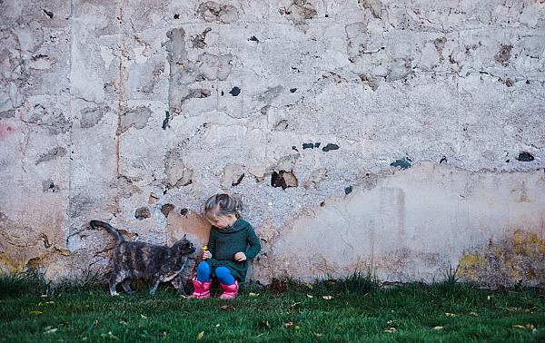 a little girl with a cat