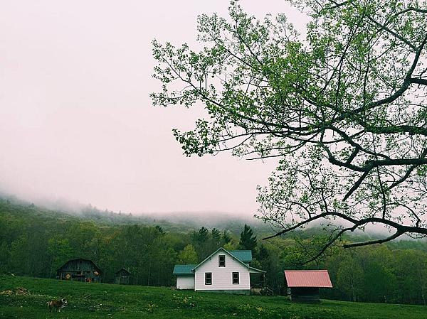 white farm house in distance