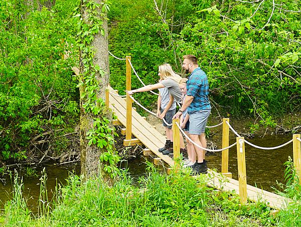 a family standing on a small bridge above a creek in the forest