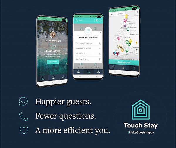 three mobile phones demonstrating Touch Stay info
