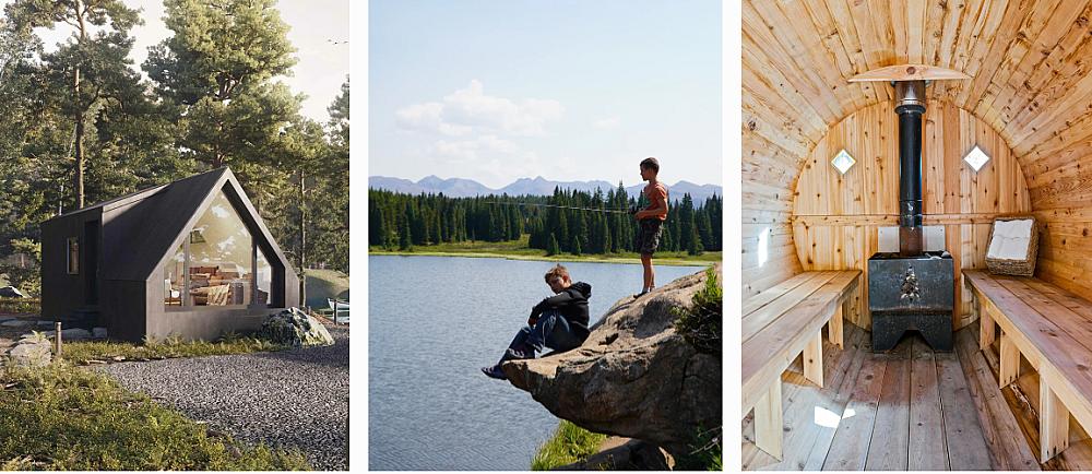 three images of 84 ranch. One is the exterior of a black exterior chalet, the next is kids fishing off a large rock in a pond and the third is the inside of a wood fired sauna. 