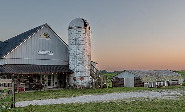 Vintage Market in the early 20th Century Barn at Sunset with Rustic Weathered Metal Roof Hog Barn to the side