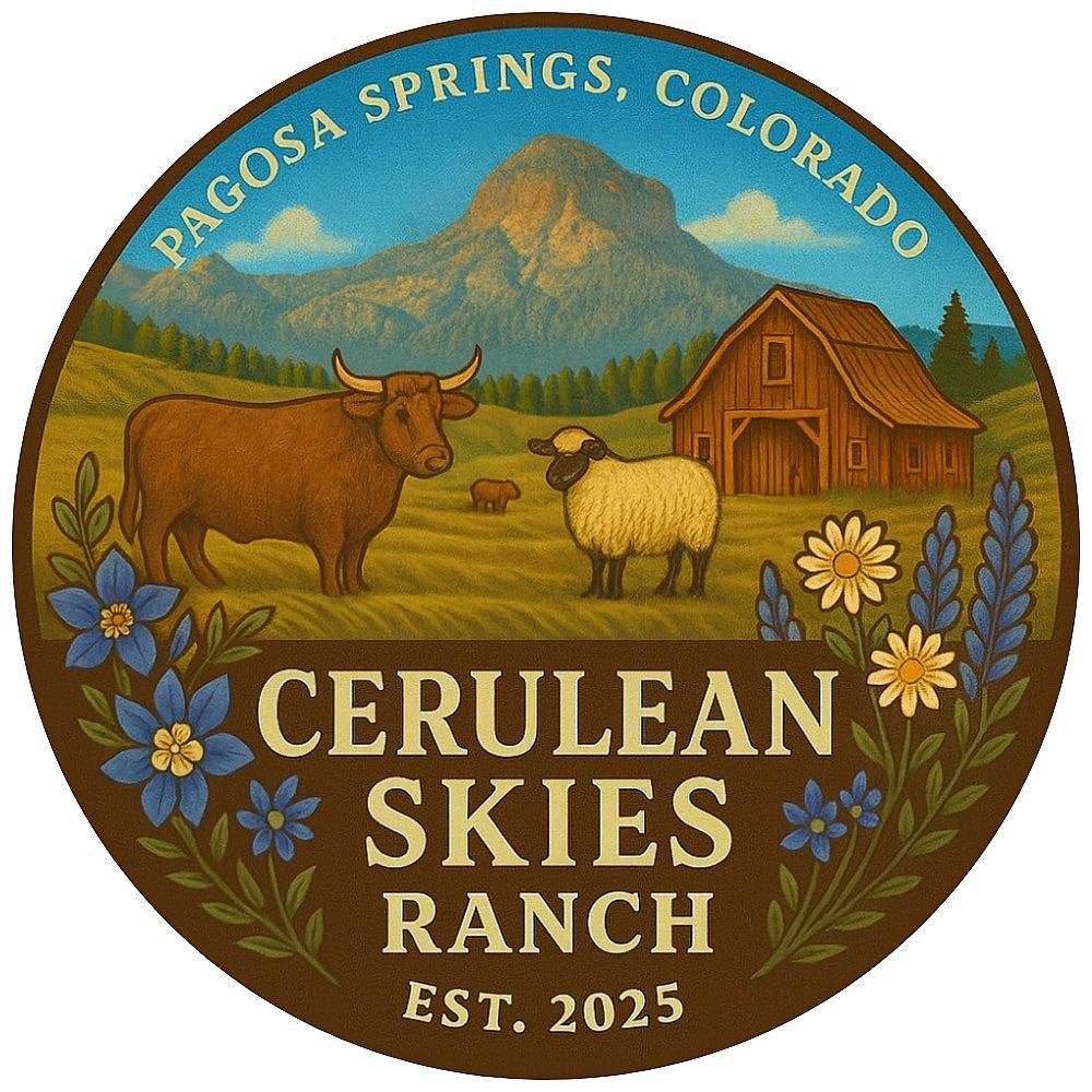 Logo for the farm with cattle, sheep, barn and mountains in the background est. 2025