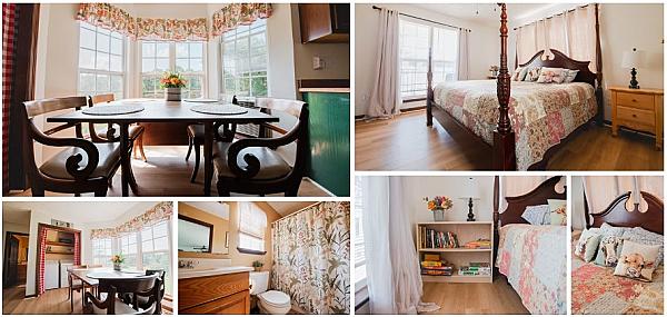 Farmstay Apartment dining area, bedroom and family-friendly accommodations at Little Tail Farms near Chattanooga, Tennessee