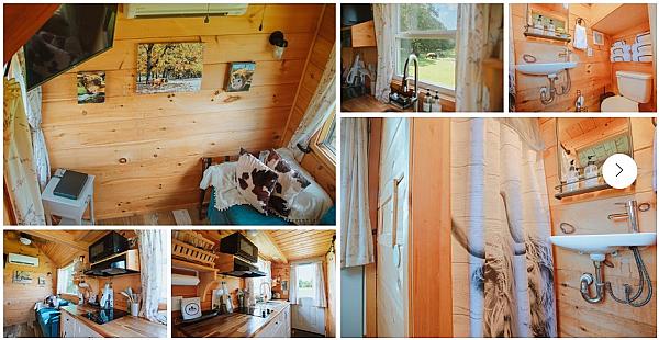 Cozy interior of the Highland Cottage with sleeping area, kitchenette and bathroom at Little Tail Farms near Chattanooga, Tennessee