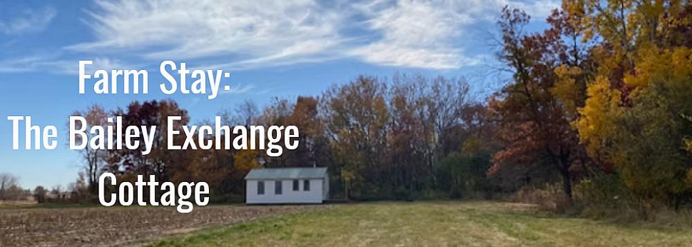 the cottage at the edge of the woods overlooking a farm field in autumn
