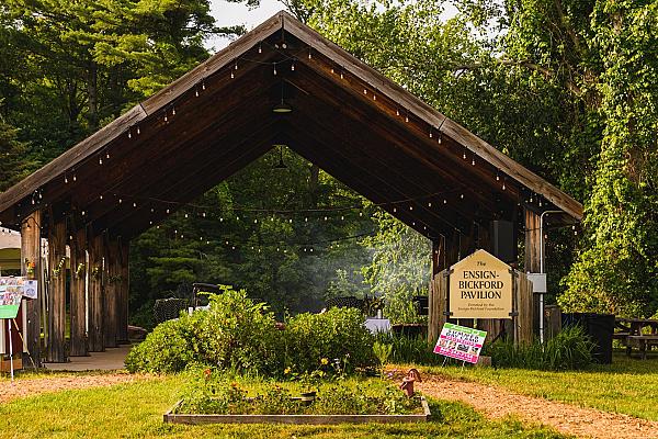large open event barn with lights  