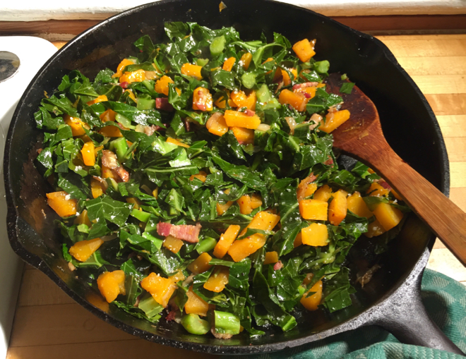 Introducing... Cook With What You Have, plus a recipe for collard greens with winter squash and bacon