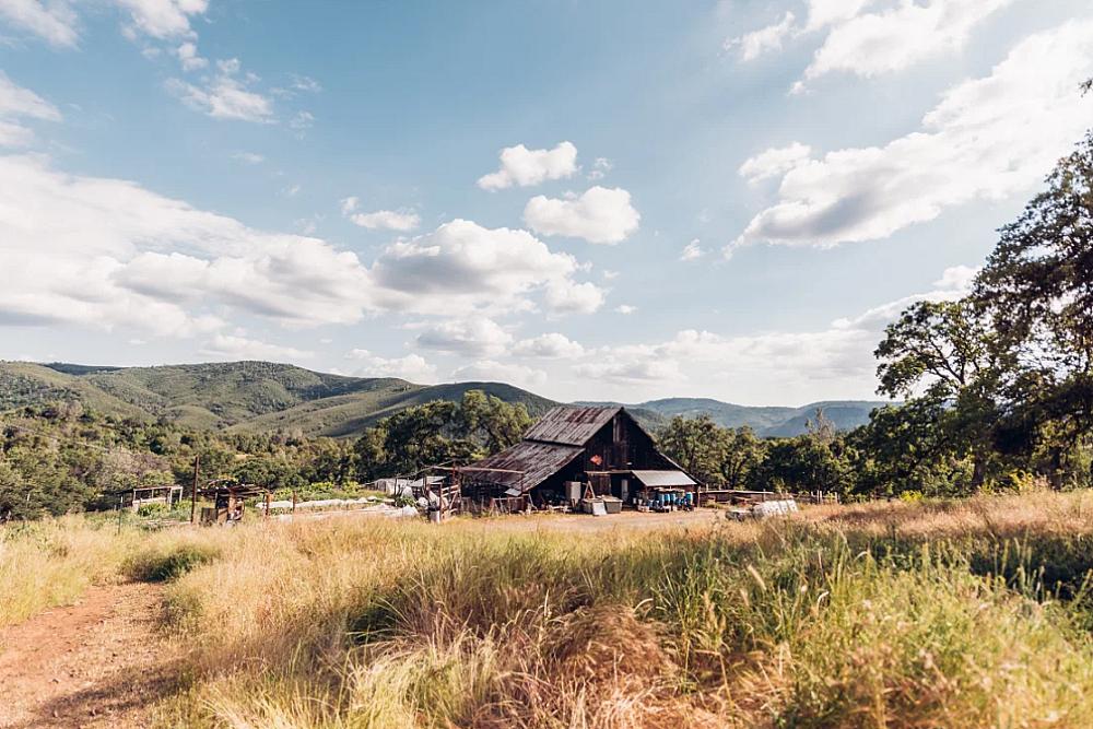 An image of Wondernut house and landscape, open fields and mountains in the background.