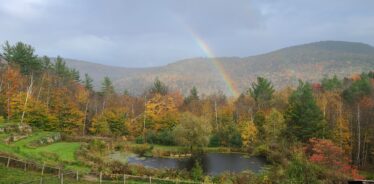 view of fall foliage and mountains and a rainbow