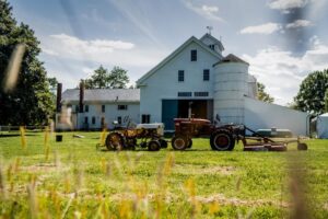 barn and a tractor