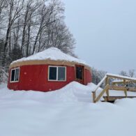 Our yurt is open year round for guests. Winter stays require parking at the house, and a short snowshoe up (with a spiffy sled for your things).