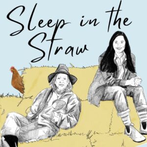 illustration of 2 women in black and white sitting on bales of straw with a chicken and sleep in the straw at the top