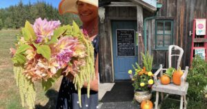 a lady holding a bouquet of flowers next to a photo of a farm store door entrance