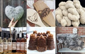 photo collage, a felt heart, fire etched wood spoons, yarn, wine, a cake shaped like a castle and a sheep's pelt